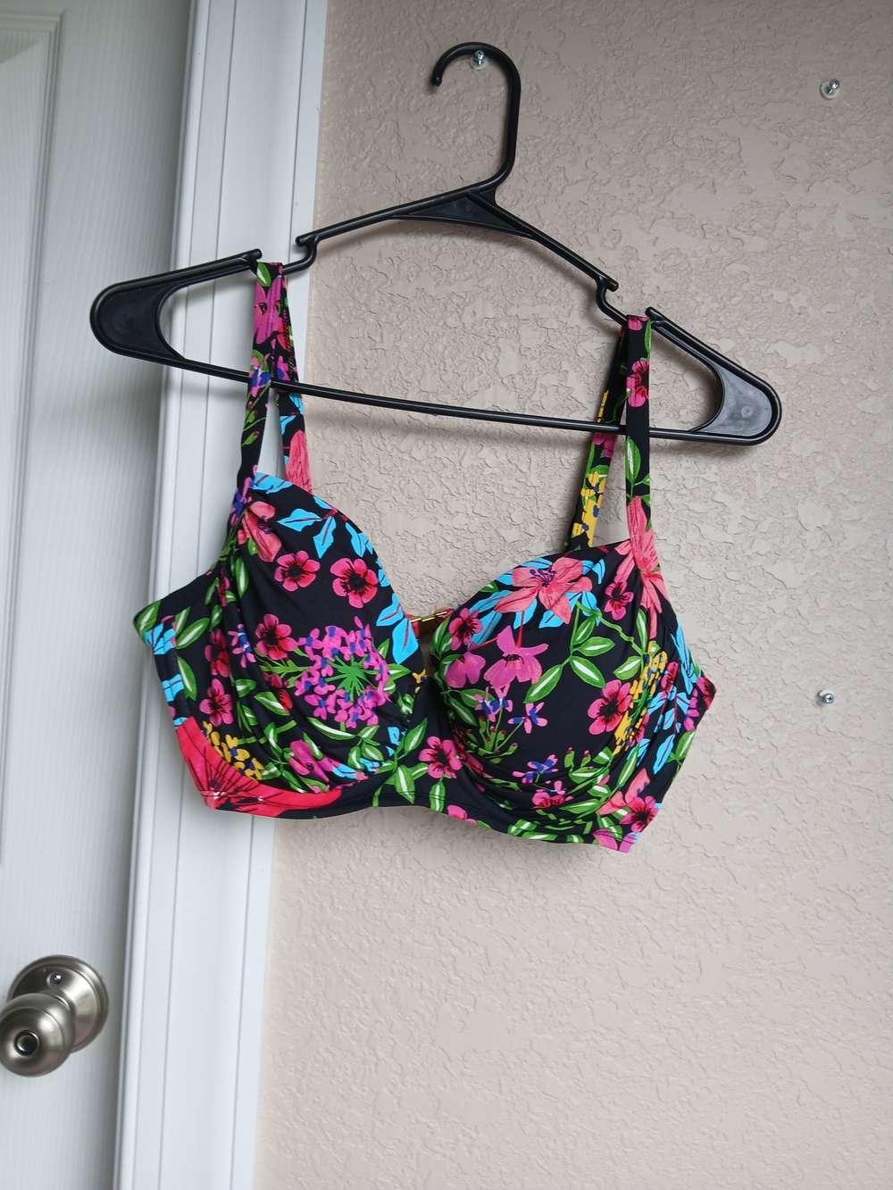 Bleu Rod Beattie Black Bikini Top with Aqua Lining and Multicolor Trim